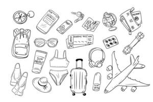 Big travel summer contour doodle set with popular items. Collection of sketchy outline drawings isolate on white background. Monochrome summer vacation on airplane outline stickers vector