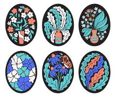 Set of vibrant botanical compositions in vase on black background. Flat hand drawn floral illustration in oval shape and in printmaking technique with grunge texture. Ideal for home decor vector