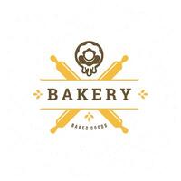 Bakery badge or label retro illustration rolling pins and donut silhouettes for bakehouse. vector