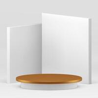 3d cylinder golden podium pedestal with white angle wall background realistic vector