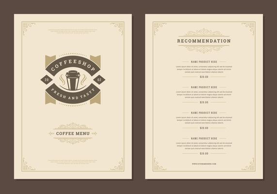 Coffee menu template design flyer for cafe with coffee shop logo cup symbol and retro typographic decoration elements.