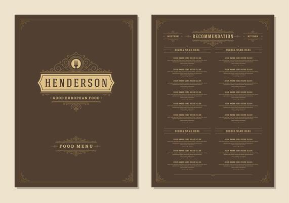 Menu design template with cover and restaurant vintage logo brochure.