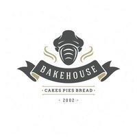 Bakery badge or label retro illustration. Bread or loaf in chef hat silhouette for bakehouse. vector