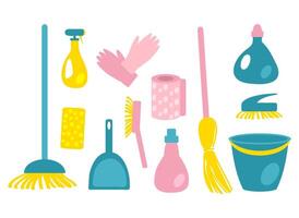 Cleaning tools clipart collection. Household symbols in flat style. Hand drawn illustration isolated on white background. vector