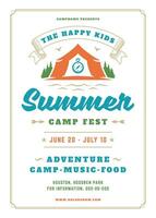 Kids summer camp poster or flyer event retro typography design template and forest lanscape and tent background vector