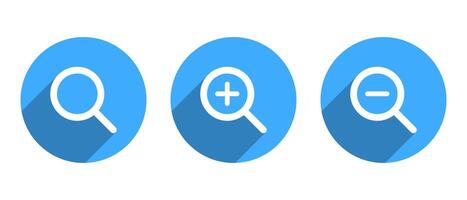 Search and zoom icon with shadow. Magnifying glass with plus and minus vector