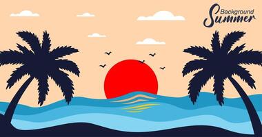 Palm tree silhouette sea view with sun background at dusk. vector