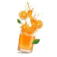 salpicaduras de rojo recién y sano naranja jugo con Fruta rebanadas y verde hojas. verano clipart en plano estilo con agrios bebida aislado en blanco antecedentes para tarjeta, bandera, volantes, diseño vector