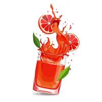 Splashes of red freshly and healthy grapefruit juice with fruit slices and green leaves. summer clipart in flat style with citrus drink isolated on white background for card, banner, flyer, design vector