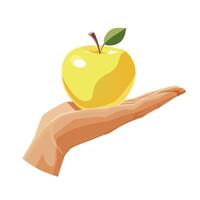 recién y sano amarillo manzana en el palma de el mano aislado en blanco antecedentes. ilustración en plano estilo con dietético fruta. clipart para tarjeta, bandera, volantes, póster diseño vector