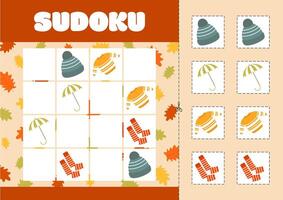 Sudoku with pictures on the theme of autumn. Children's logic puzzle game. vector