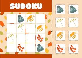 Sudoku with pictures on the theme of autumn. Children's logic puzzle game. vector