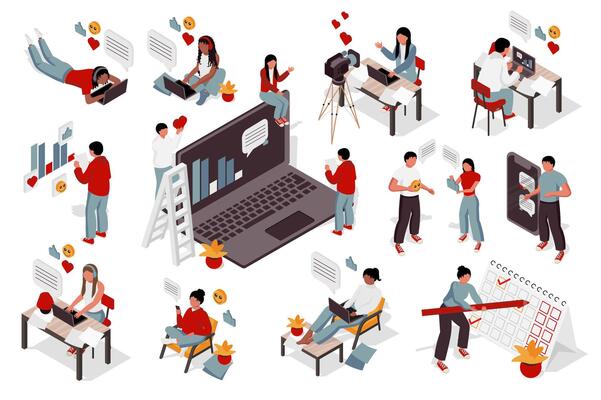 Business 3d isometric mega set. Collection flat isometry elements of people works at office, freelance workplace with laptops, teamwork meeting, employee deadline organization. illustration.