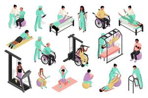 Rehabilitation exercises 3d isometric mega set. Collection flat isometry elements of injury people at recovery center, making physiotherapy procedure, physical trainings, massage. illustration. vector