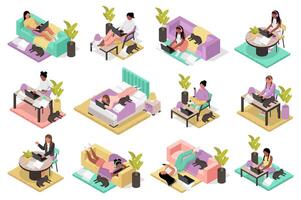 trabajo desde hogar 3d isométrica mega colocar. colección plano isometria elementos de personas trabajando a ordenador portátil en línea y sentado Sillón o oficina escritorio y acostado sofá o cama a hogar. ilustración. vector