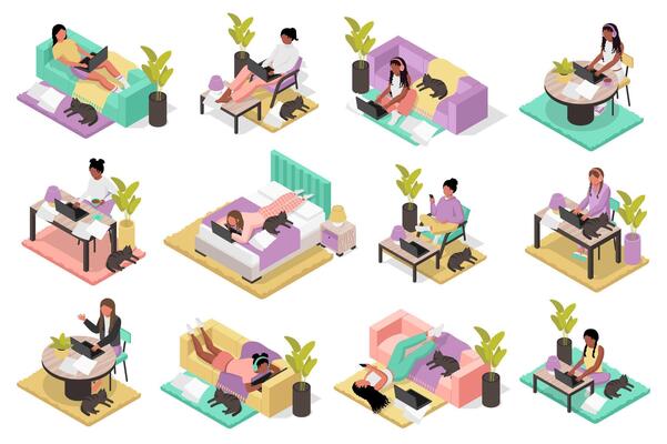 Work from home 3d isometric mega set. Collection flat isometry elements of people working at laptop online and sitting armchair or office desk and lying sofa or bed at home. illustration.