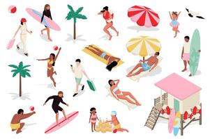 verano vacaciones 3d isométrica mega colocar. colección plano isometria elementos de personas Vamos en tropical complejo, surf, broncearse en playa, Salvavidas obras, niños jugando en mar arena. ilustración. vector