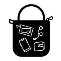 Personal belongings in tote hand bag icon sign illustration isolated on square white background. Simple flat cartoon art styled drawing for poster prints. vector