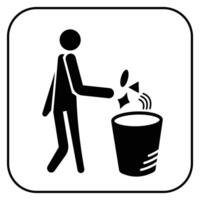 Person putting trashes in garbage bin icon sign illustration isolated on square white background. Simple flat cartoon art styled drawing for poster prints. vector