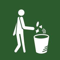 Person putting trashes in garbage bin icon sign illustration isolated on square green background. Simple flat cartoon art styled drawing for poster prints. vector