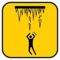 Caution sharp falling ices from ceiling roof icon sign banner isolated on square yellow background. Simple flat cartoon art styled drawing for winter time poster prints. vector