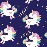 Seamless pattern with unicorns and stars on blue background. vector