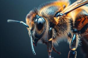 Detailed close up of a bees face, showcasing its intricate features and compound eyes photo