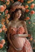 A pregnant woman stands in front of bright flowers in a pink dress photo