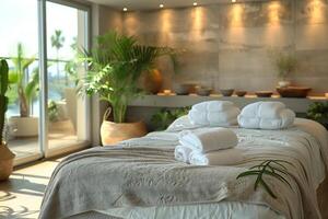 A perfectly arranged bed with crisp white sheets and towels neatly placed on top photo