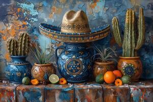 A painting depicting a cactus, cacti, and a sombrero on a shelf, Independence Day or Cinco de Mayo photo