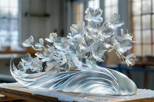 A glass sculpture of flowers placed on a table, showcasing intricate craftsmanship and delicate details photo
