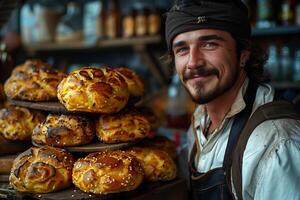 A man standing next to a stack of various freshly baked goods in a bakery setting photo