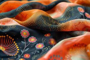 detallado ver de un bufanda adornado con intrincado floral diseños, exhibiendo vibrante colores y delicado artesanía foto
