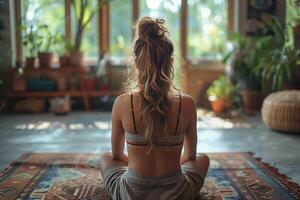 A woman sitting on a rug in a room, engaged in a quiet activity photo