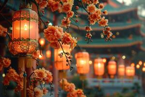 A cluster of hanging lights in a tree, possibly for a wesak or vesak day celebration photo