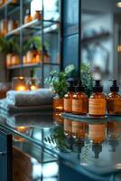 Various soap bottles neatly arranged on a counter photo