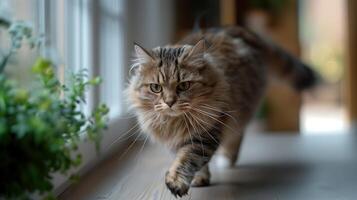 A cat with motion blur walking down a hallway besides a plant photo