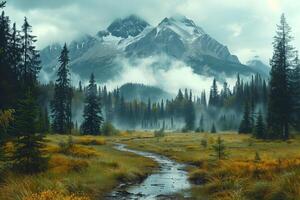 Painting of a mountain with a stream flowing through it photo