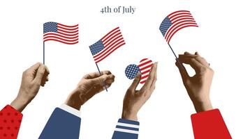 Halftone collage People hands holding flags celebrating Independence day. Fans with American flags. Patriots of different races waving flags of America. Retro illustration. vector