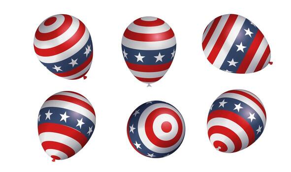 Set of 3d render balloon with pattern of the US flag elements. Helium balloons, view from different sides for July 4th Independence Day Holiday decoration. vector