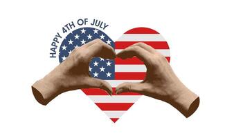 Halftone collage Two hands gesturing shape of heart with American flag on background. Memorial day and Independence day concept. vintage flat illustration. vector