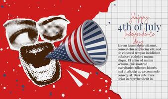 USA Independence day banner with shouting mouth and megaphone or loudspeaker with torn out paper speech bubble for text. 4th of July attention loud or shout. halftone collage. vector