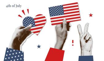 Halftone collage hands holding USA flag in the shape of a heart, showing victory gesture. Independence day greeting card template. Vintage illustration. vector