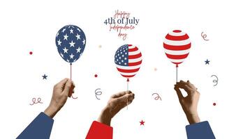 The fourth of July retro greeting card template. Halftone collage Hands with US flag balloons. Vintage illustration. vector