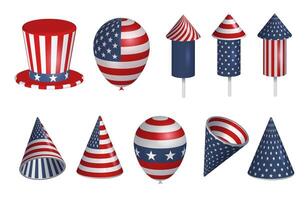 Set of 3d festive art objects for USA independence day. Render of fireworks, balloons, Uncle Sam hat in US flag patterns. American national celebration design elements. realistic illustration vector