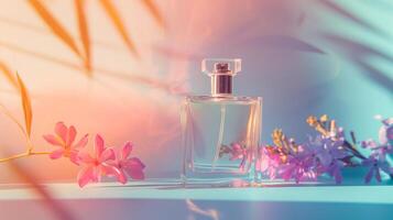 Transparent bottle of perfume with empty label on pastel gradient background. Fragrance trending concept with copyspace for text, natural materials flowers plant shadows. Women's and men's photo