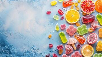 Colorful candies, jelly, and marmalade with space for text. photo