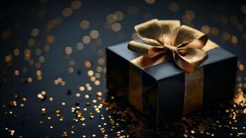 vibrante regalo caja con elegante oro cinta en oscuro antecedentes. saludo regalo con Copiar espacio para Navidad presente, fiesta o cumpleaños foto