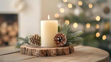 Chrsitmas Candle Wooden Decoration Table Rustic Cottagecore Minimalist Background Neutral White Social Media Web Design Post. photo