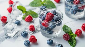 two glasses filled with blueberries and raspberries next to mint leaves and ice cubes on a marble surface. photo